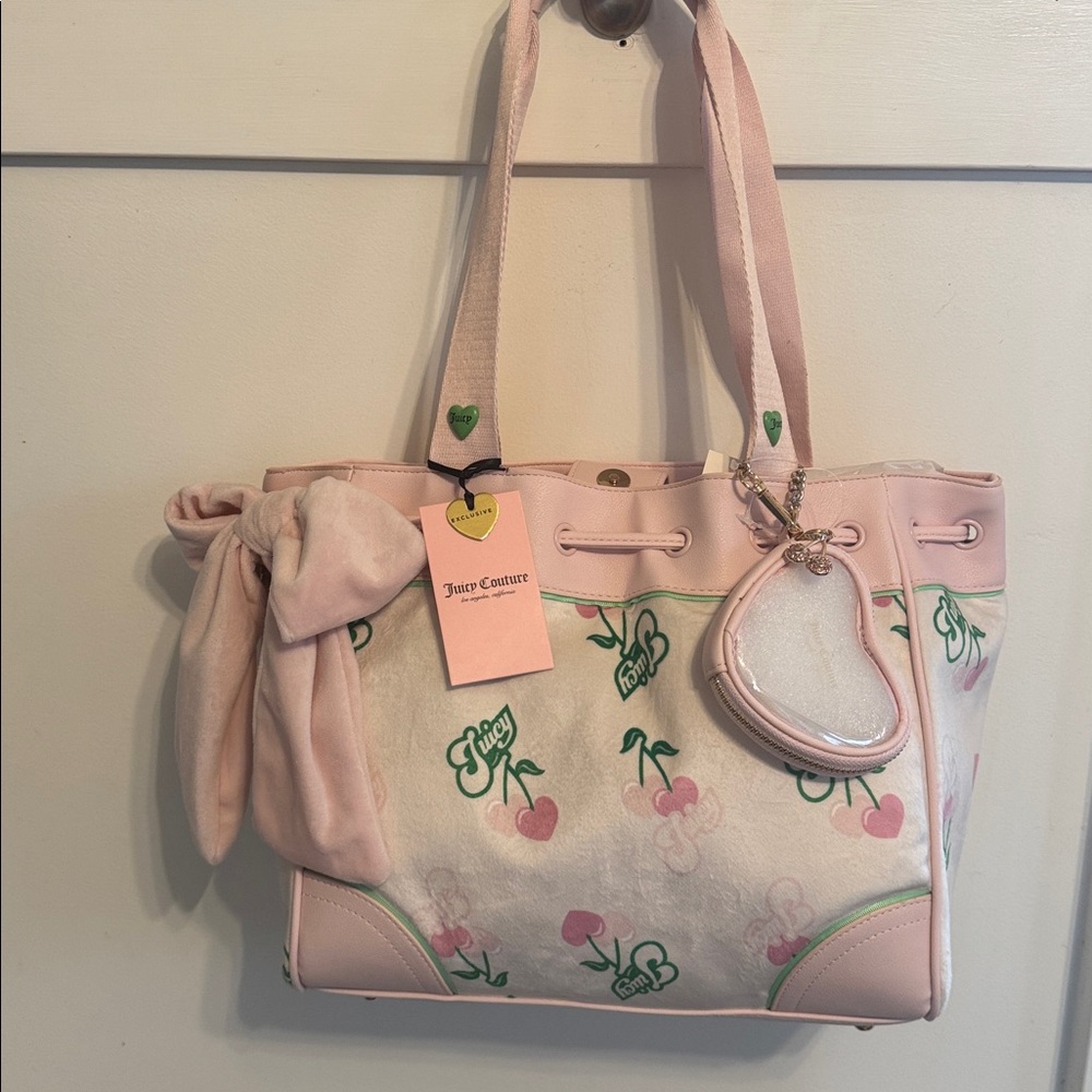 Juicy Couture Daydreamer Bag Retro Cherry Gelato Print cream Tote w/ Coin Pouch